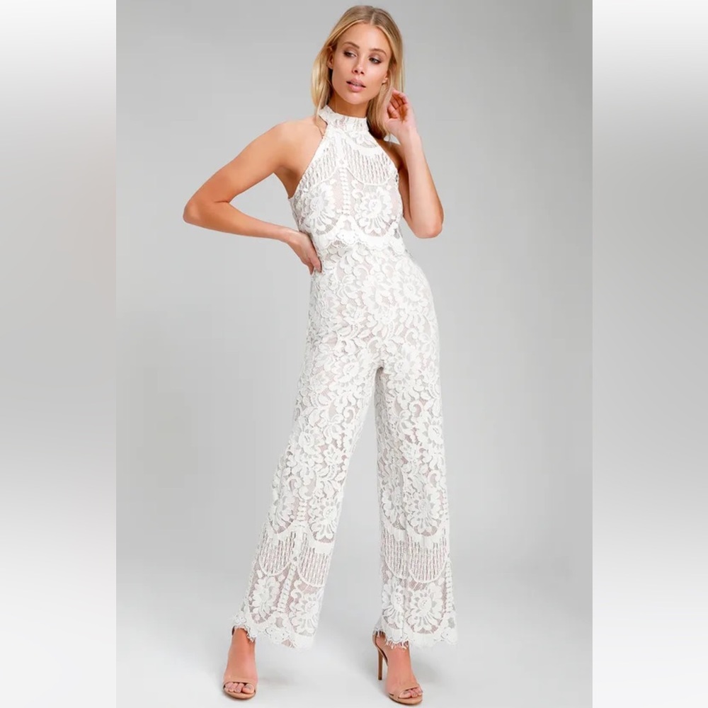 Lulus white nude lace jumpsuit S